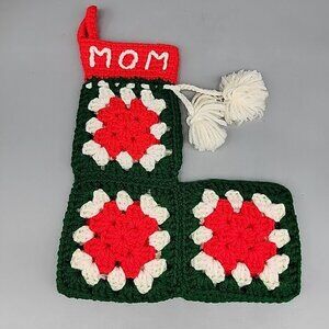 Vintage Granny Square Christmas Stocking Handmade Green Red White MOM 11"